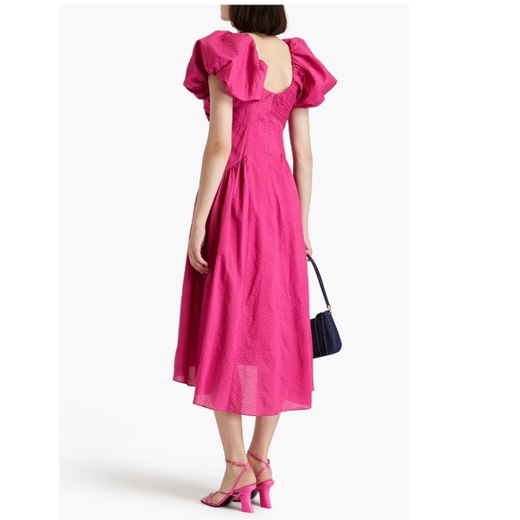 FRAME Pintucked Midi Dress with Puff Sleeves Fuschia Pink size Small - Picture 3 of 12